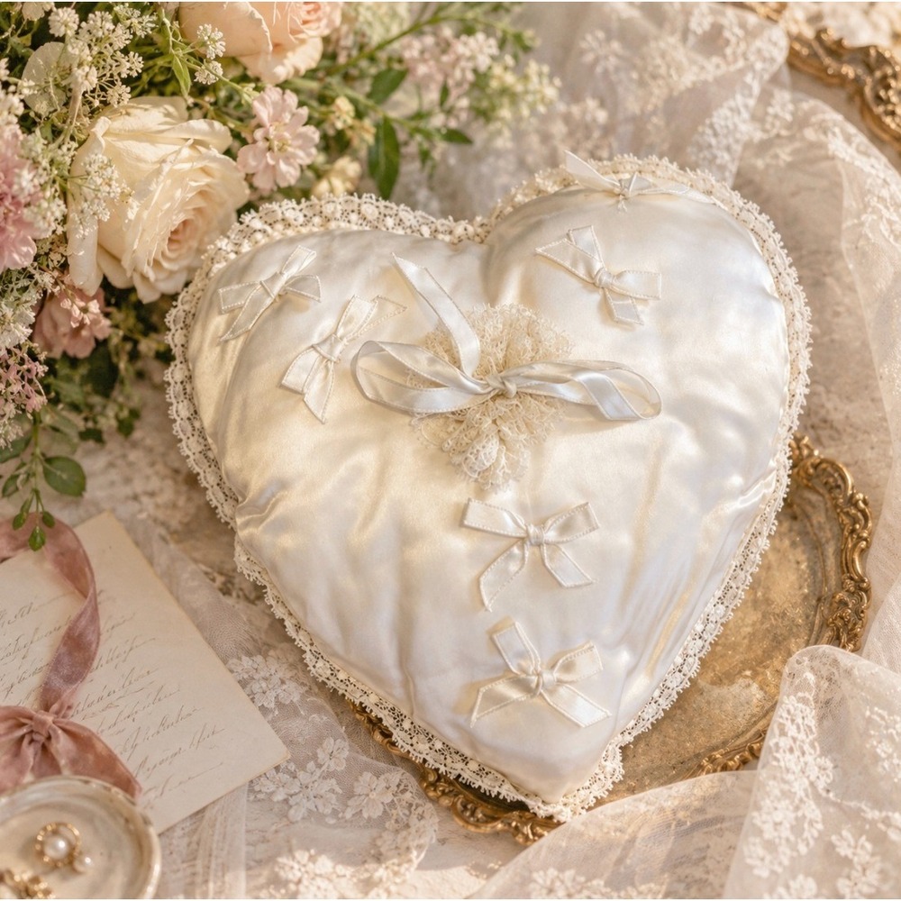 Vintage Ring Bearer Pillow Heart Satin Lace Bows Ivory Wedding Bridal Decor 90s